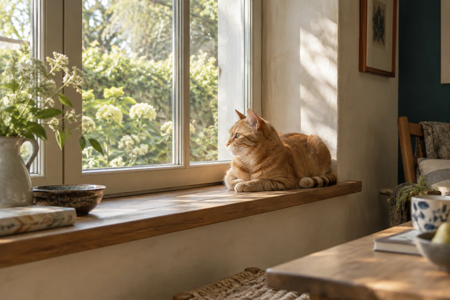 A cat watching the garden from an ordinary closed window